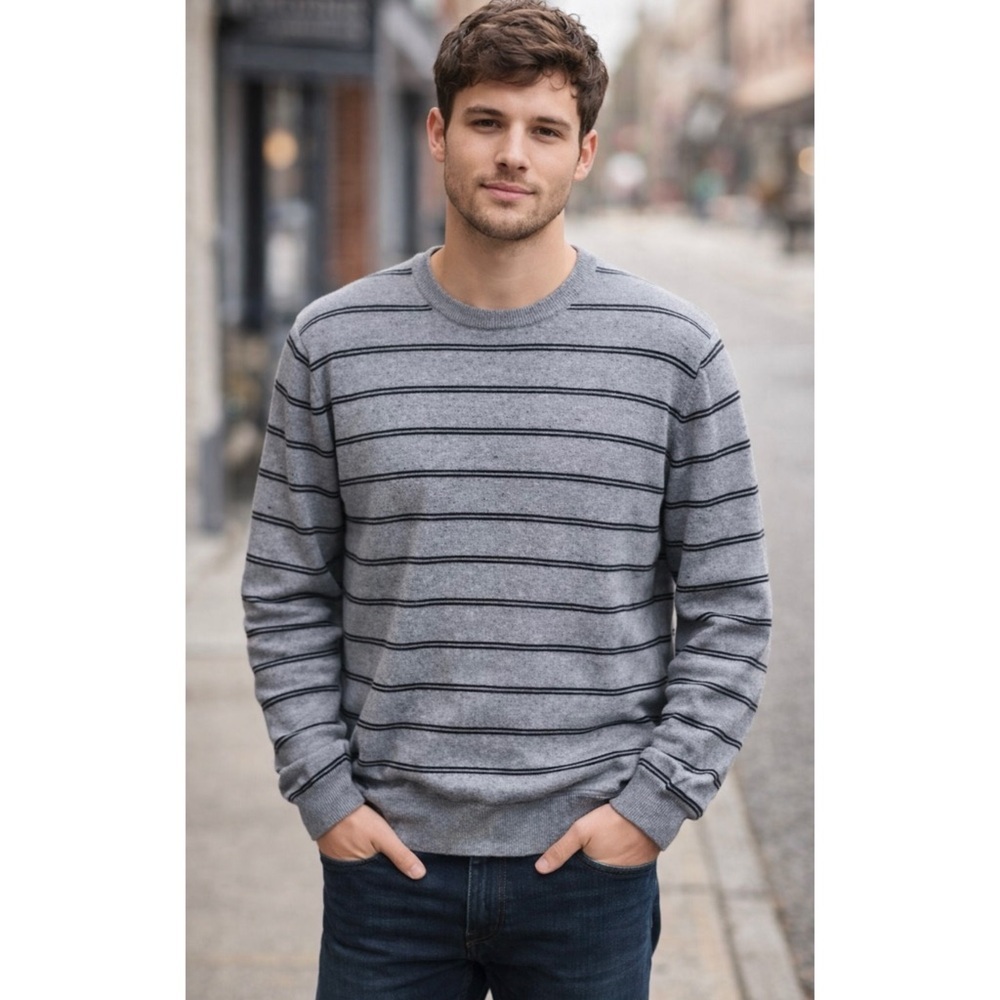NORDSTROM‎ Men’s Gray and Navy Striped Cashmere Blend Sweater Sz. L Large